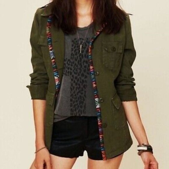 Jen's Pirate Booty x Free People Military Utility Jacket Boho Trim Green Size S - Picture 2 of 15